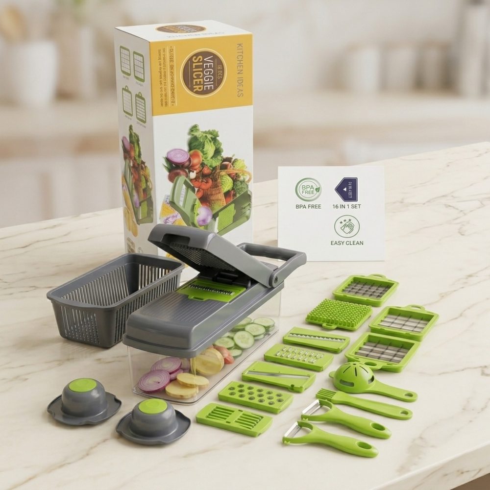 16-in-1 multifunctional vegetable slicer and chopper set with stainless steel blades, drain basket, and storage container on a kitchen countertop